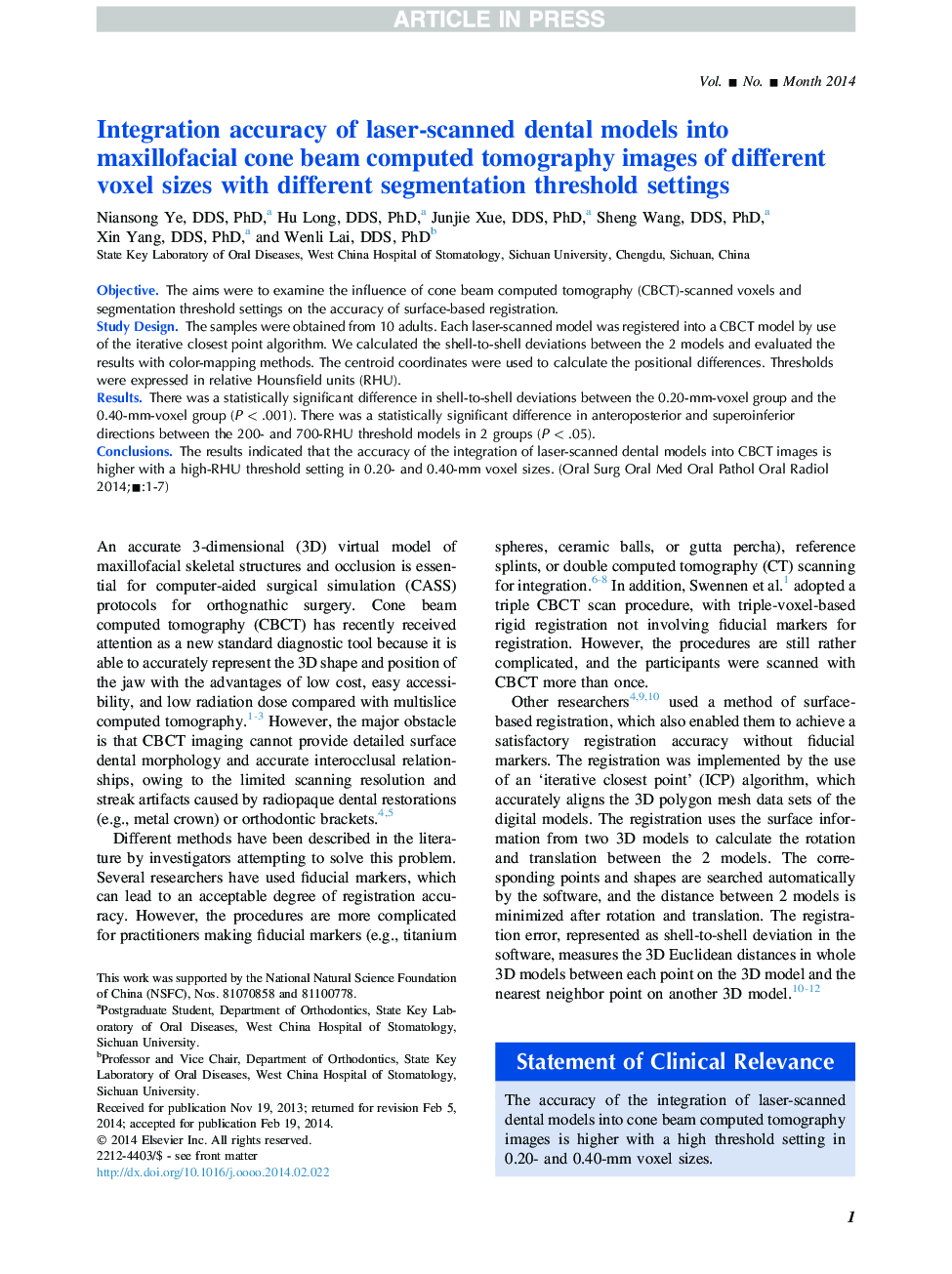 Integration accuracy of laser-scanned dental models into maxillofacial cone beam computed tomography images of different voxel sizes with different segmentation threshold settings