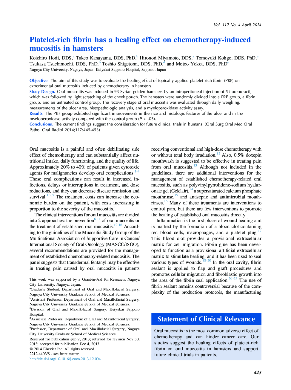 Oral medicinePlatelet-rich fibrin has a healing effect on chemotherapy-induced mucositis in hamsters