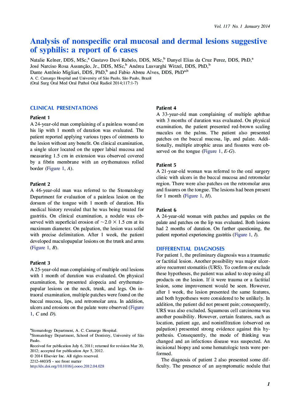 Analysis of nonspecific oral mucosal and dermal lesions suggestive of syphilis: a report of 6 cases