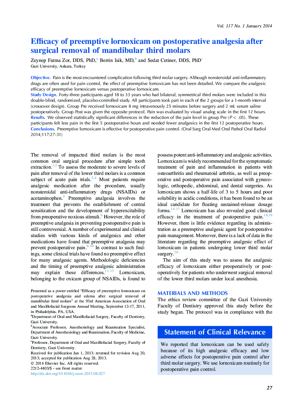 Efficacy of preemptive lornoxicam on postoperative analgesia after surgical removal of mandibular third molars