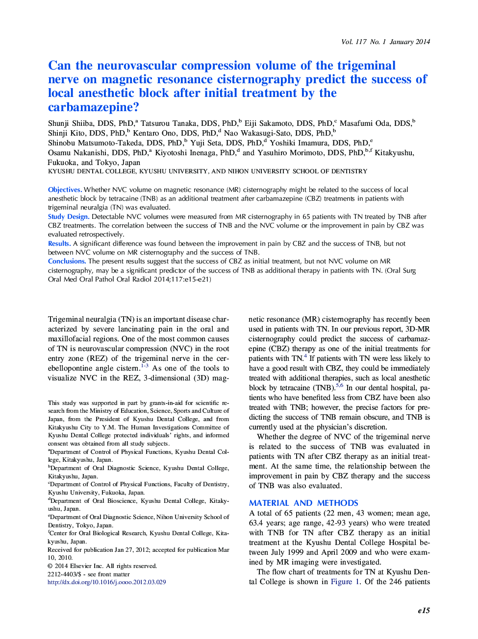 Can the neurovascular compression volume of the trigeminal nerve on magnetic resonance cisternography predict the success of local anesthetic block after initial treatment by the carbamazepine?