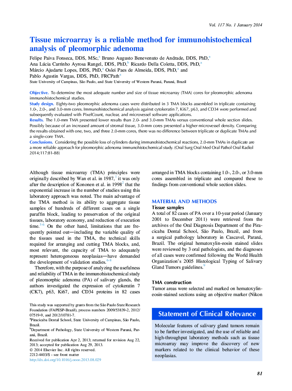 Tissue microarray is a reliable method for immunohistochemical analysis of pleomorphic adenoma