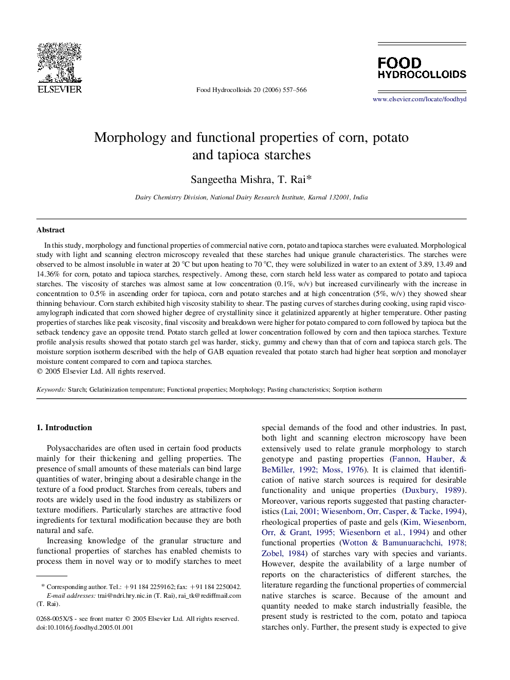 Morphology and functional properties of corn, potato and tapioca starches