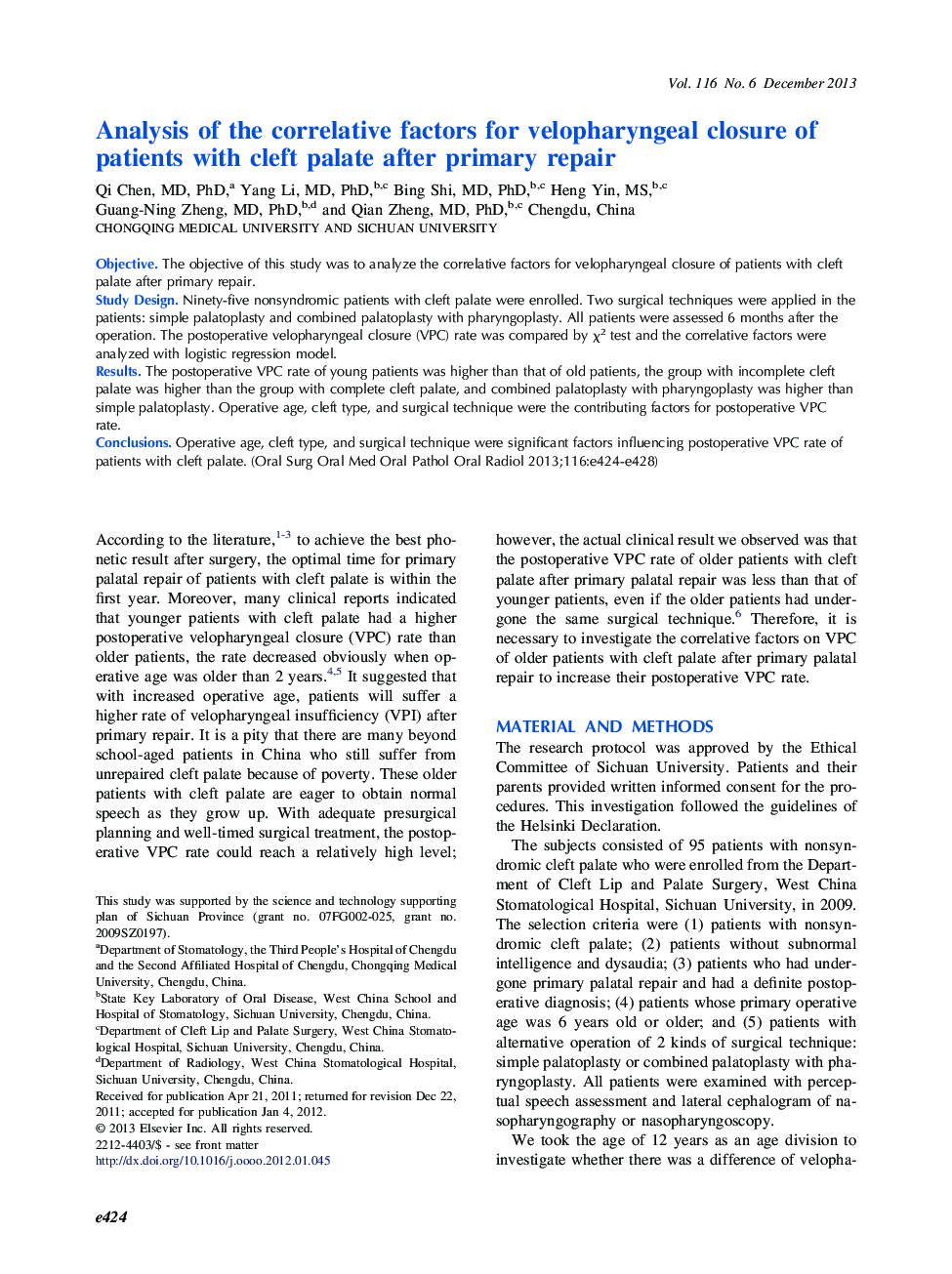 Oral and maxillofacial surgeryOnline only articleAnalysis of the correlative factors for velopharyngeal closure of patients with cleft palate after primary repair