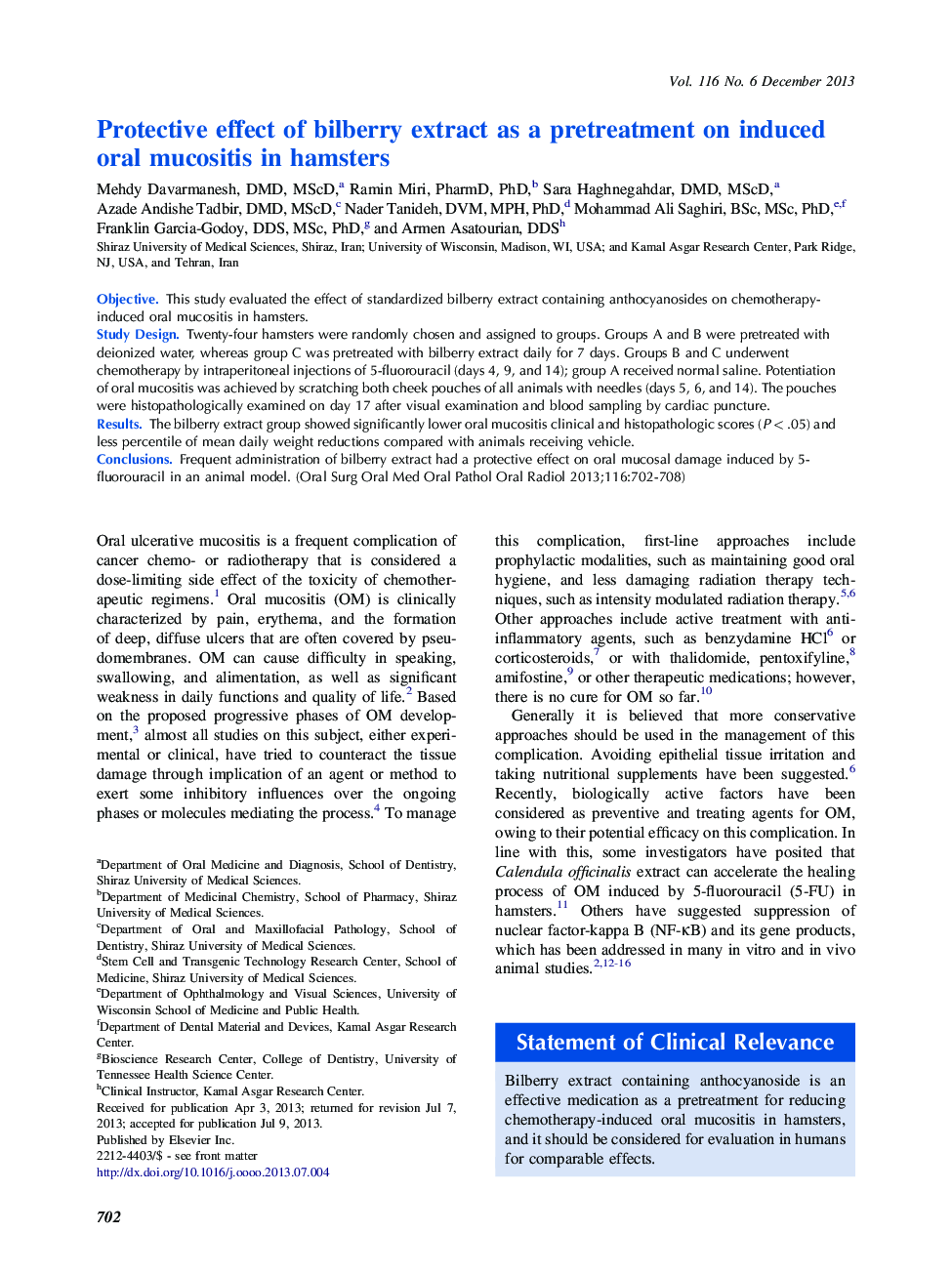 Oral medicineProtective effect of bilberry extract as a pretreatment on induced oral mucositis in hamsters