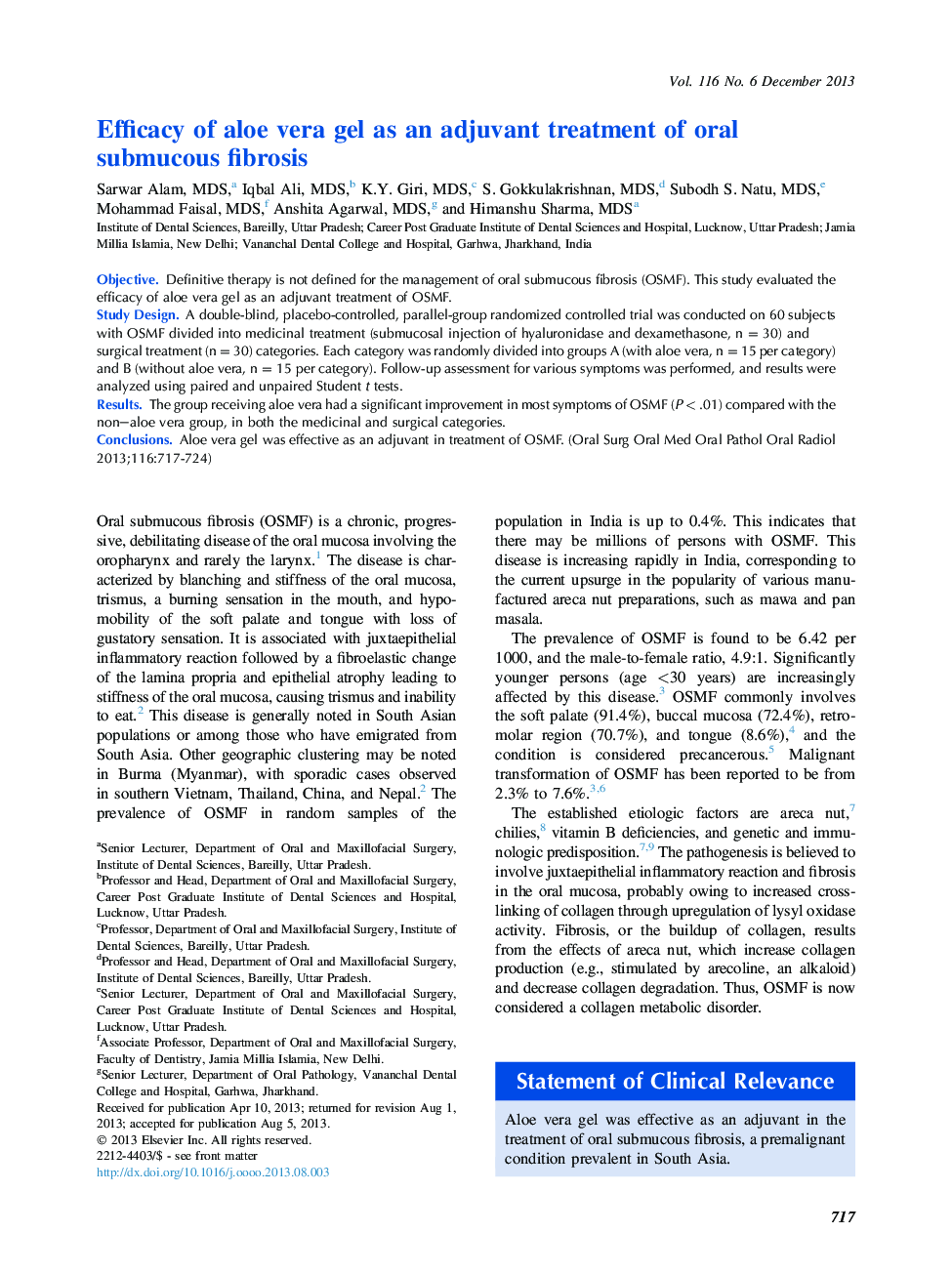 Oral medicineEfficacy of aloe vera gel as an adjuvant treatment of oral submucous fibrosis