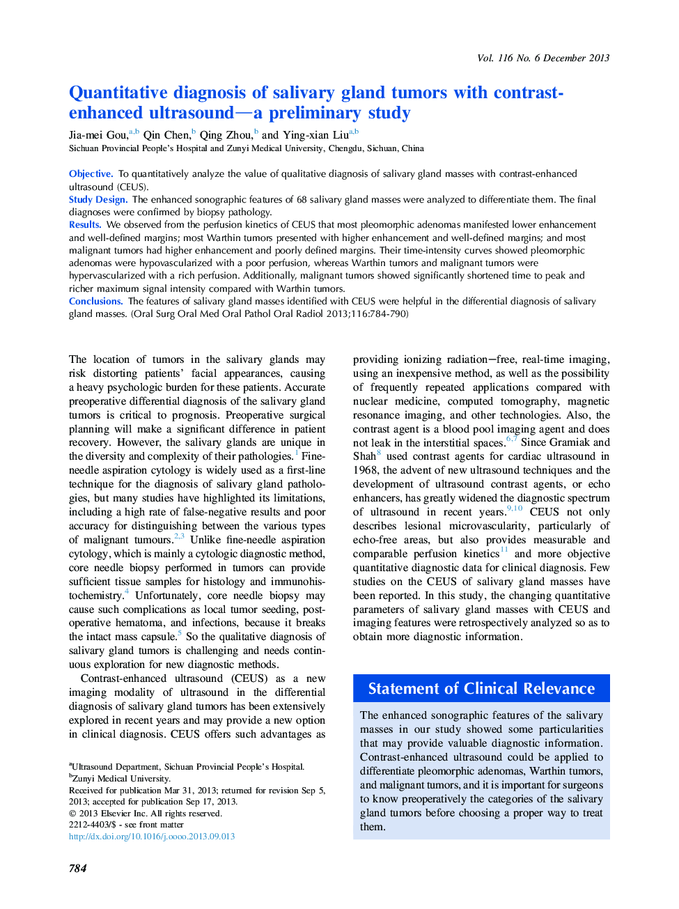 Quantitative diagnosis of salivary gland tumors with contrast-enhanced ultrasound-a preliminary study