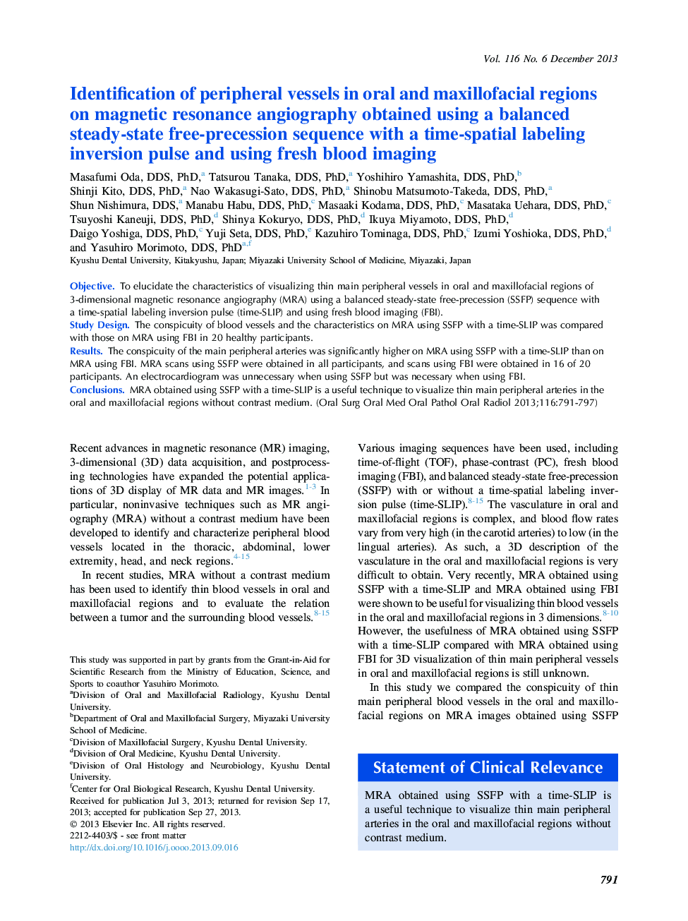 Identification of peripheral vessels in oral and maxillofacial regions on magnetic resonance angiography obtained using a balanced steady-state free-precession sequence with a time-spatial labeling inversion pulse and using fresh blood imaging