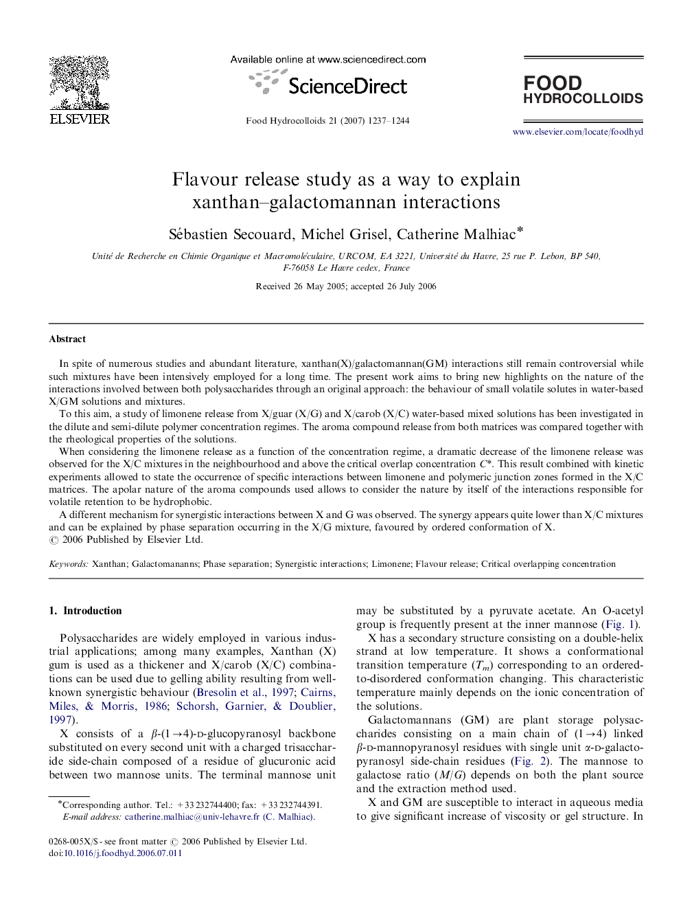 Flavour release study as a way to explain xanthan–galactomannan interactions