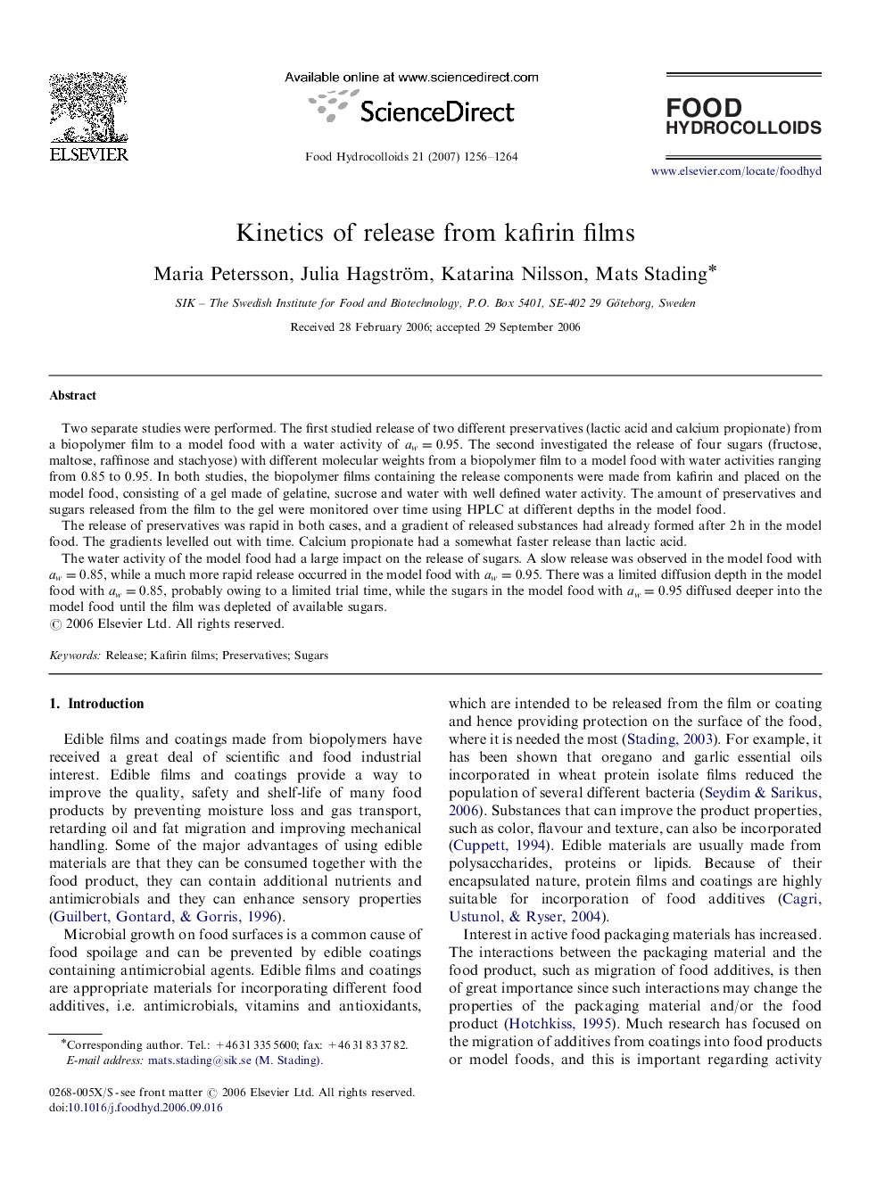 Kinetics of release from kafirin films