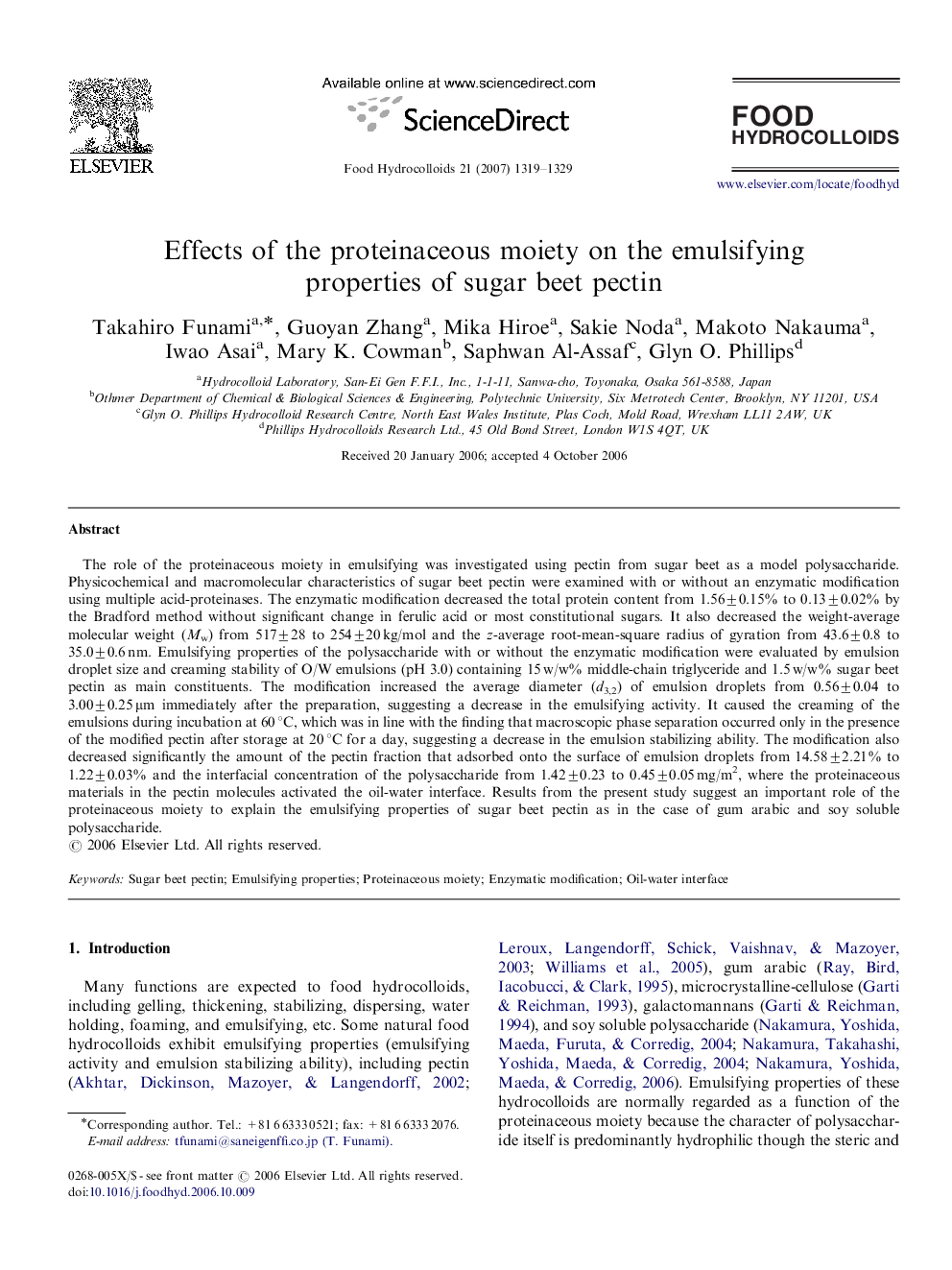 Effects of the proteinaceous moiety on the emulsifying properties of sugar beet pectin