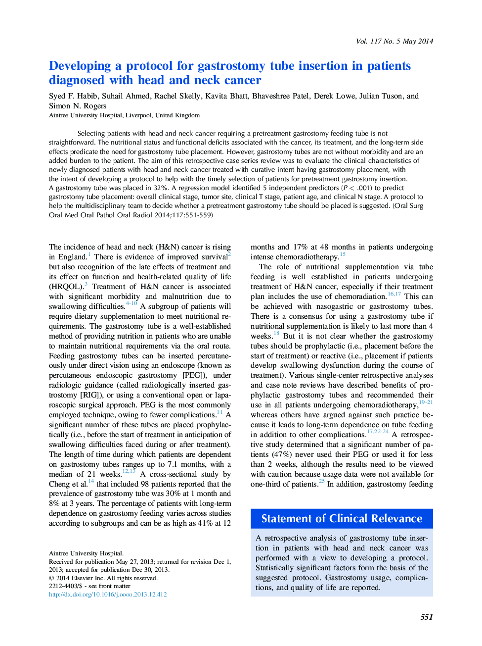 Developing a protocol for gastrostomy tube insertion in patients diagnosed with head and neck cancer