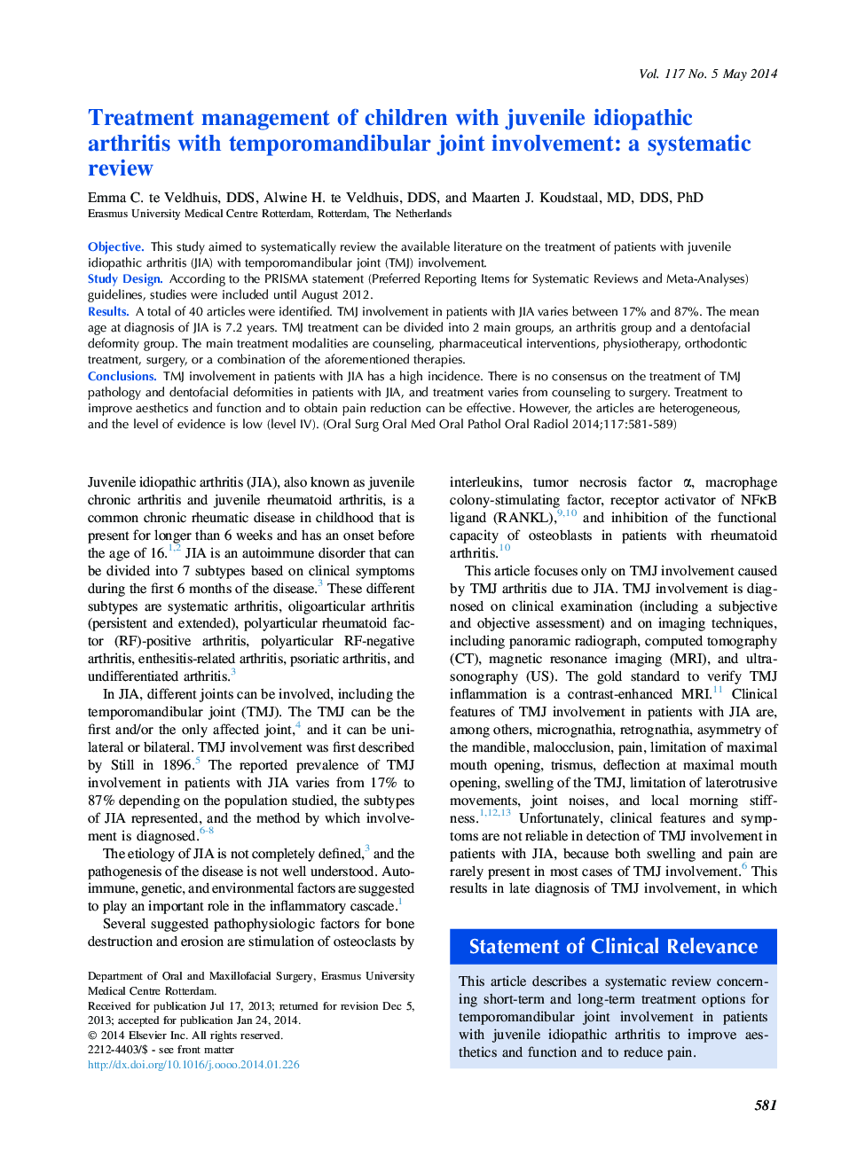 Treatment management of children with juvenile idiopathic arthritis with temporomandibular joint involvement: a systematic review