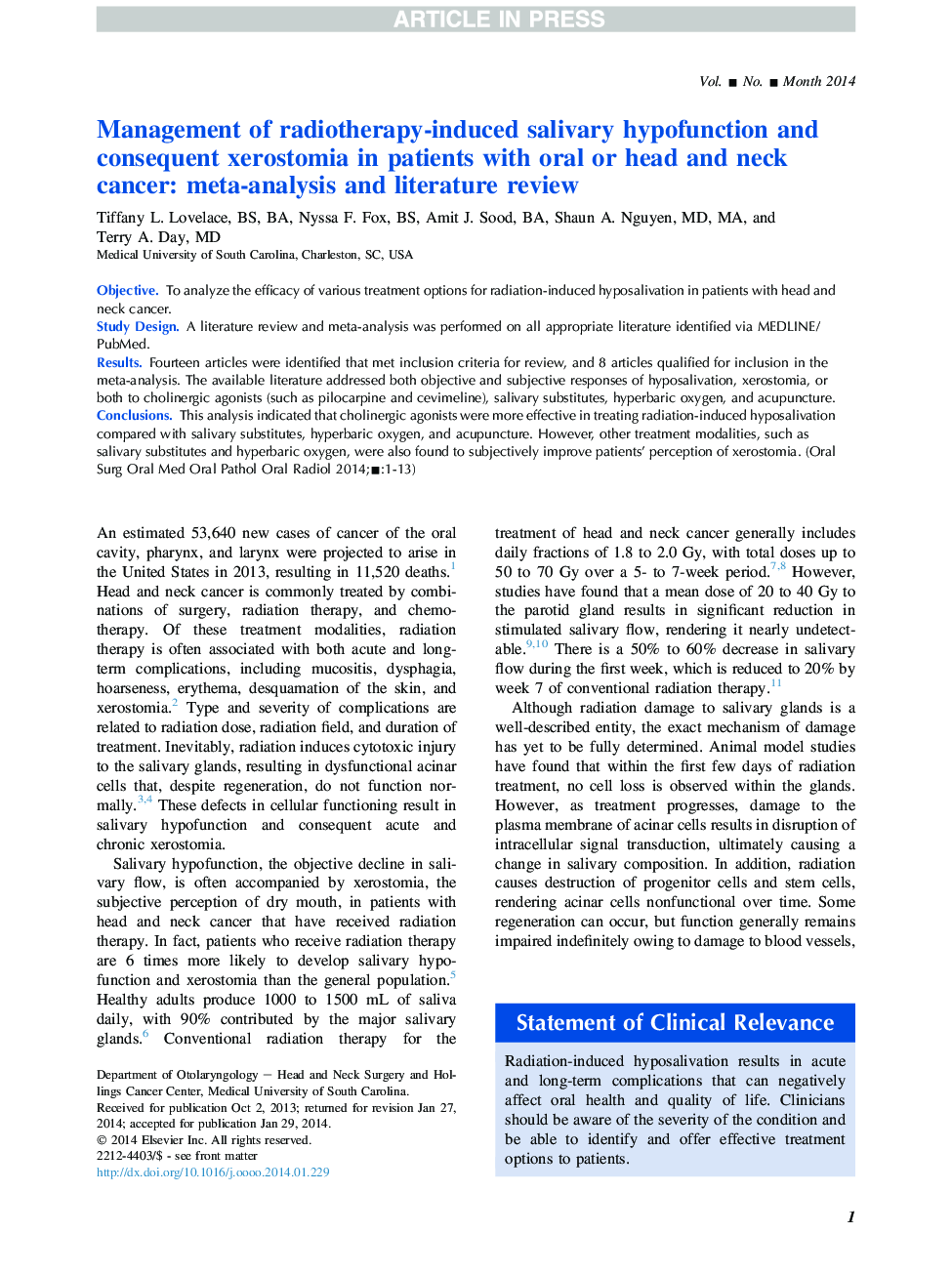 Management of radiotherapy-induced salivary hypofunction and consequent xerostomia in patients with oral or head and neck cancer: meta-analysis and literature review