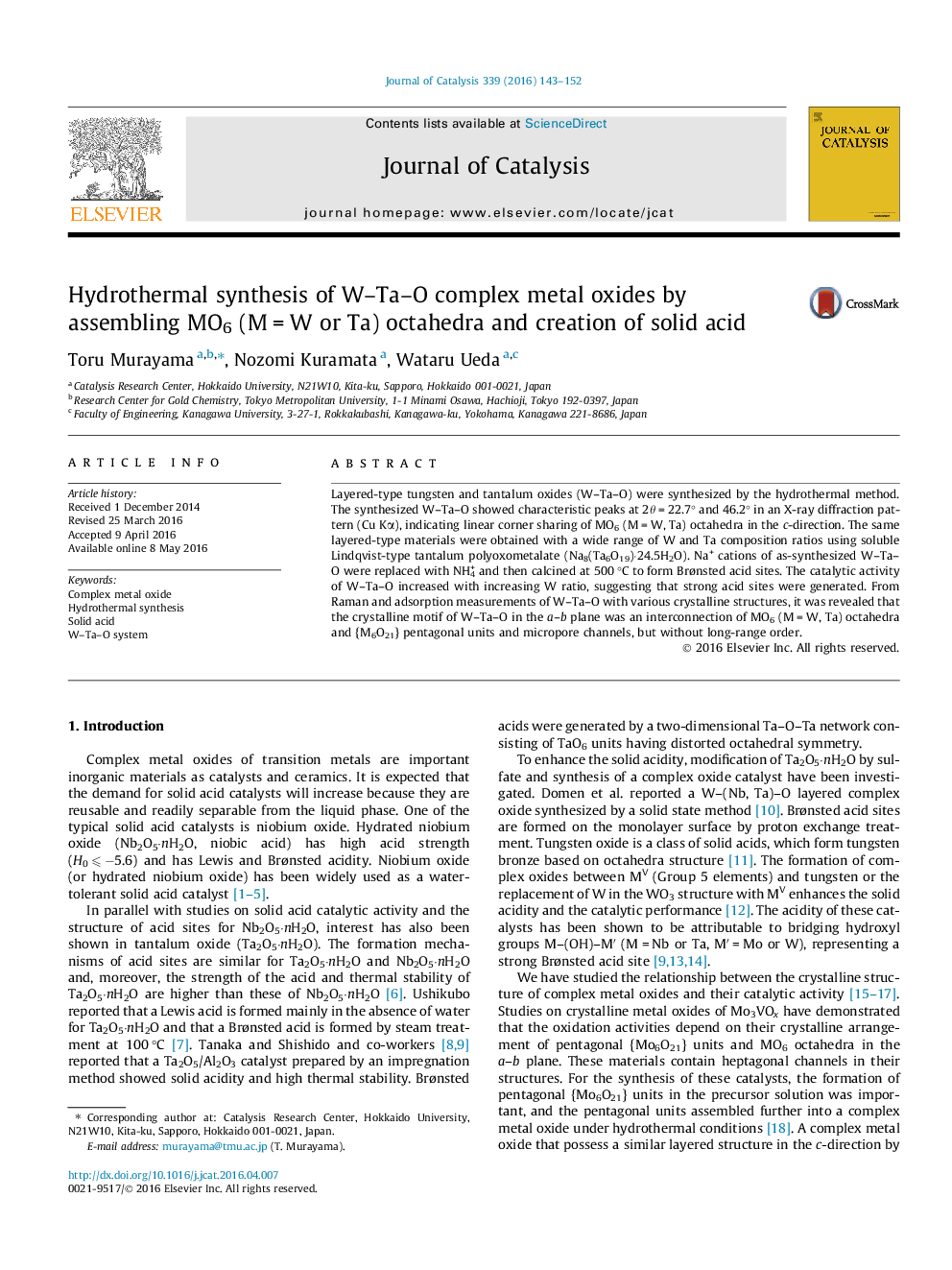 Hydrothermal synthesis of W–Ta–O complex metal oxides by assembling MO6 (M = W or Ta) octahedra and creation of solid acid