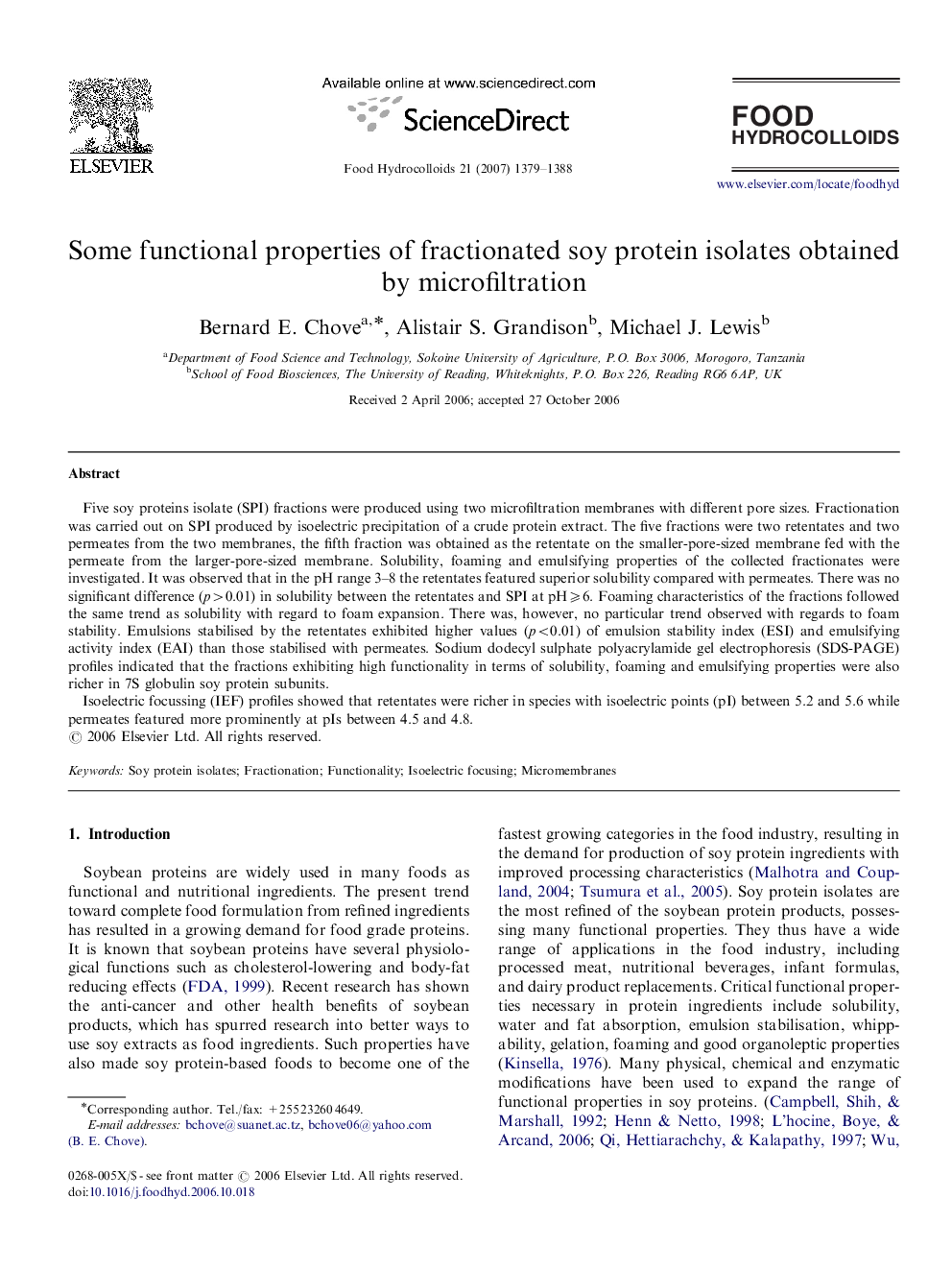 Some functional properties of fractionated soy protein isolates obtained by microfiltration