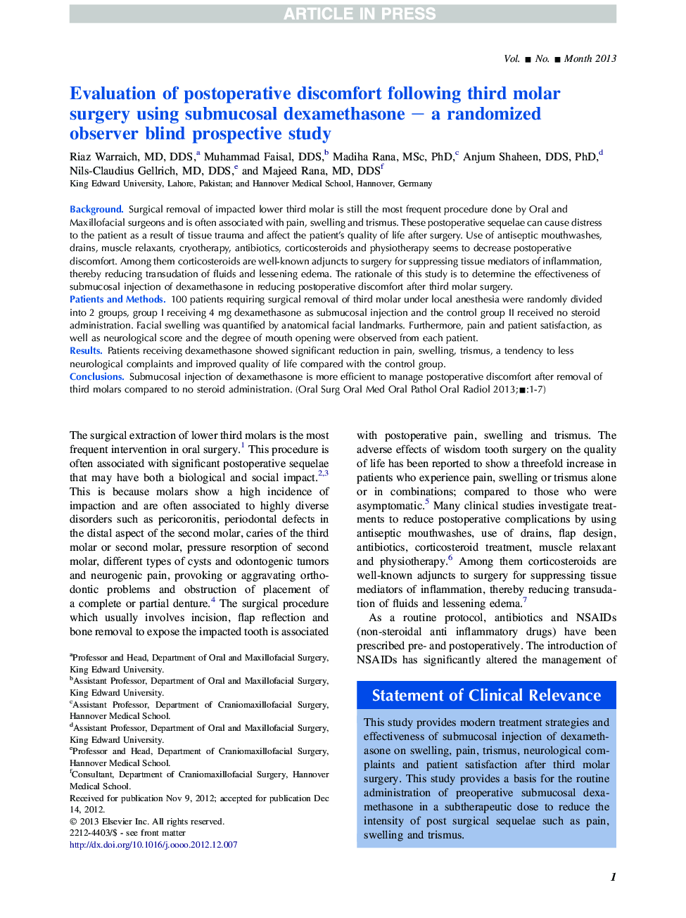 Evaluation of postoperative discomfort following third molar surgery using submucosal dexamethasone - a randomized observer blind prospective study