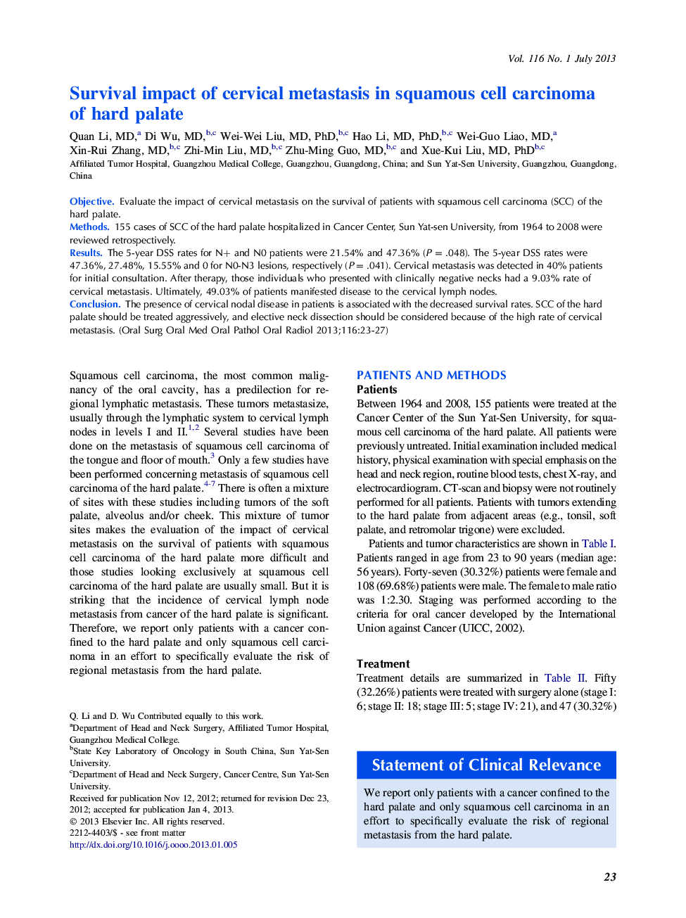 Survival impact of cervical metastasis in squamous cell carcinoma of hard palate