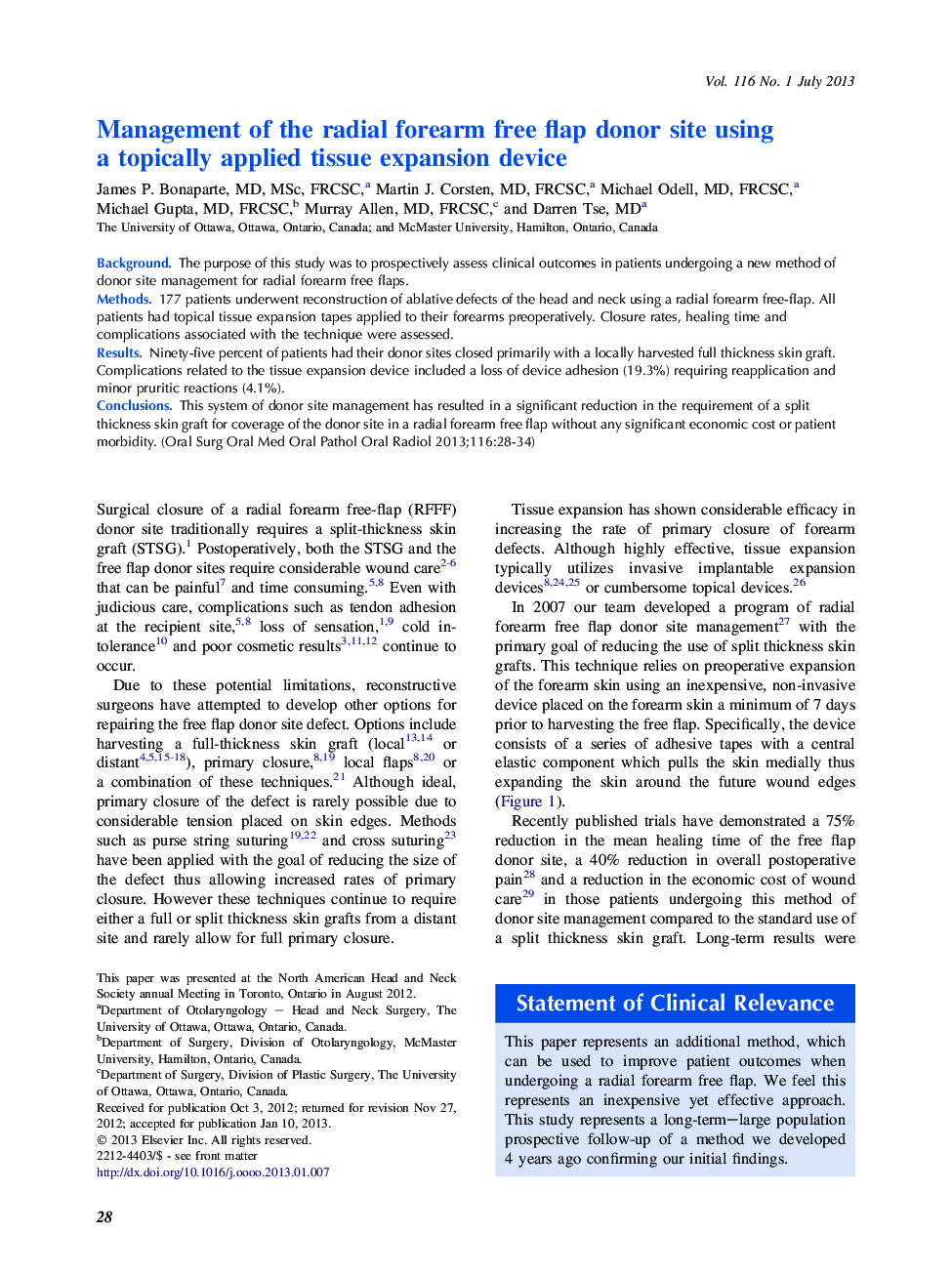 Management of the radial forearm free flap donor site using a topically applied tissue expansion device