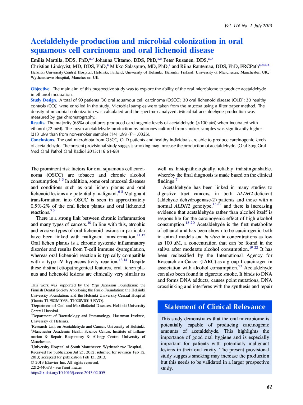 Acetaldehyde production and microbial colonization in oral squamous cell carcinoma and oral lichenoid disease