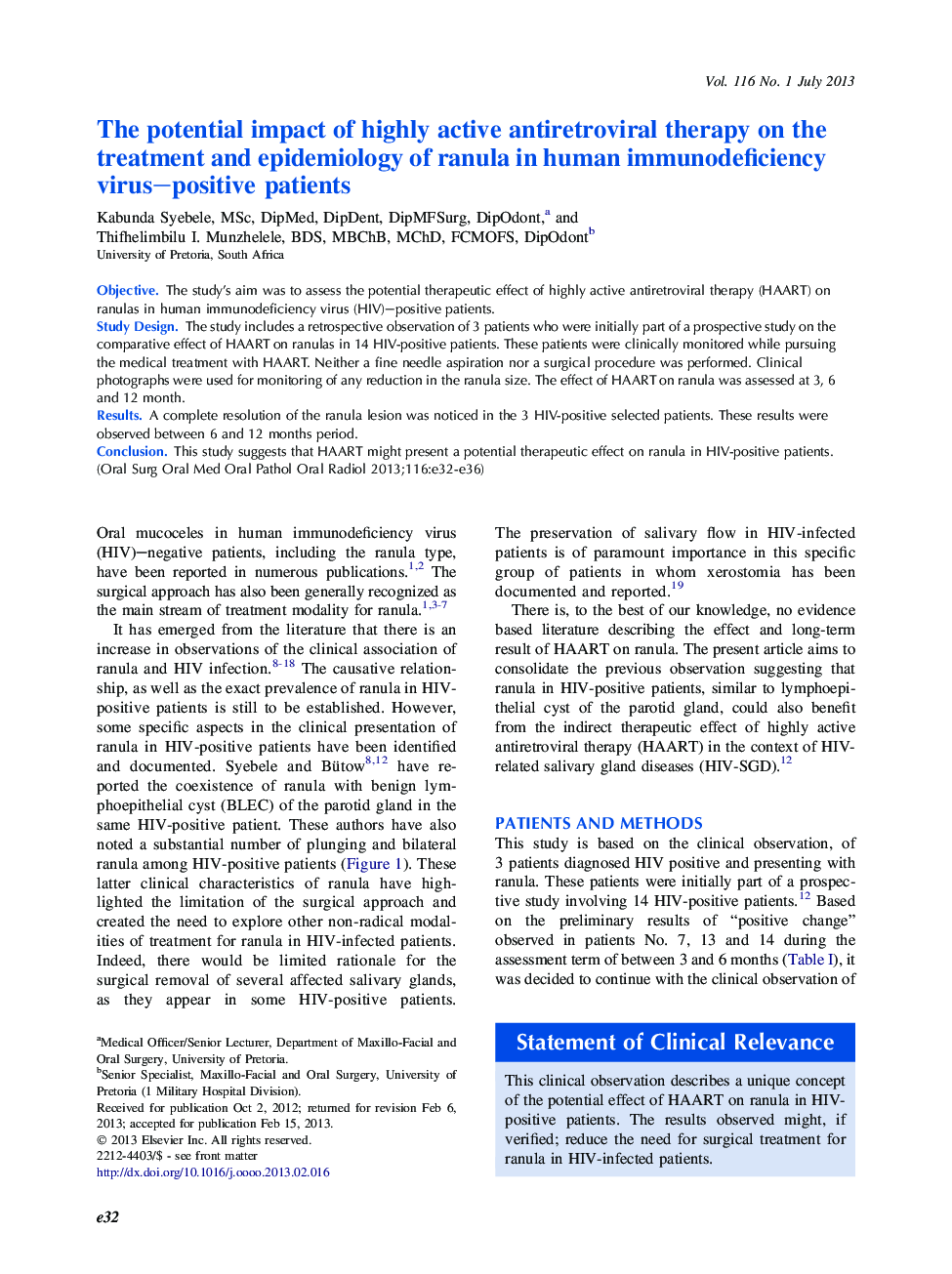 The potential impact of highly active antiretroviral therapy on the treatment and epidemiology of ranula in human immunodeficiency virus-positive patients