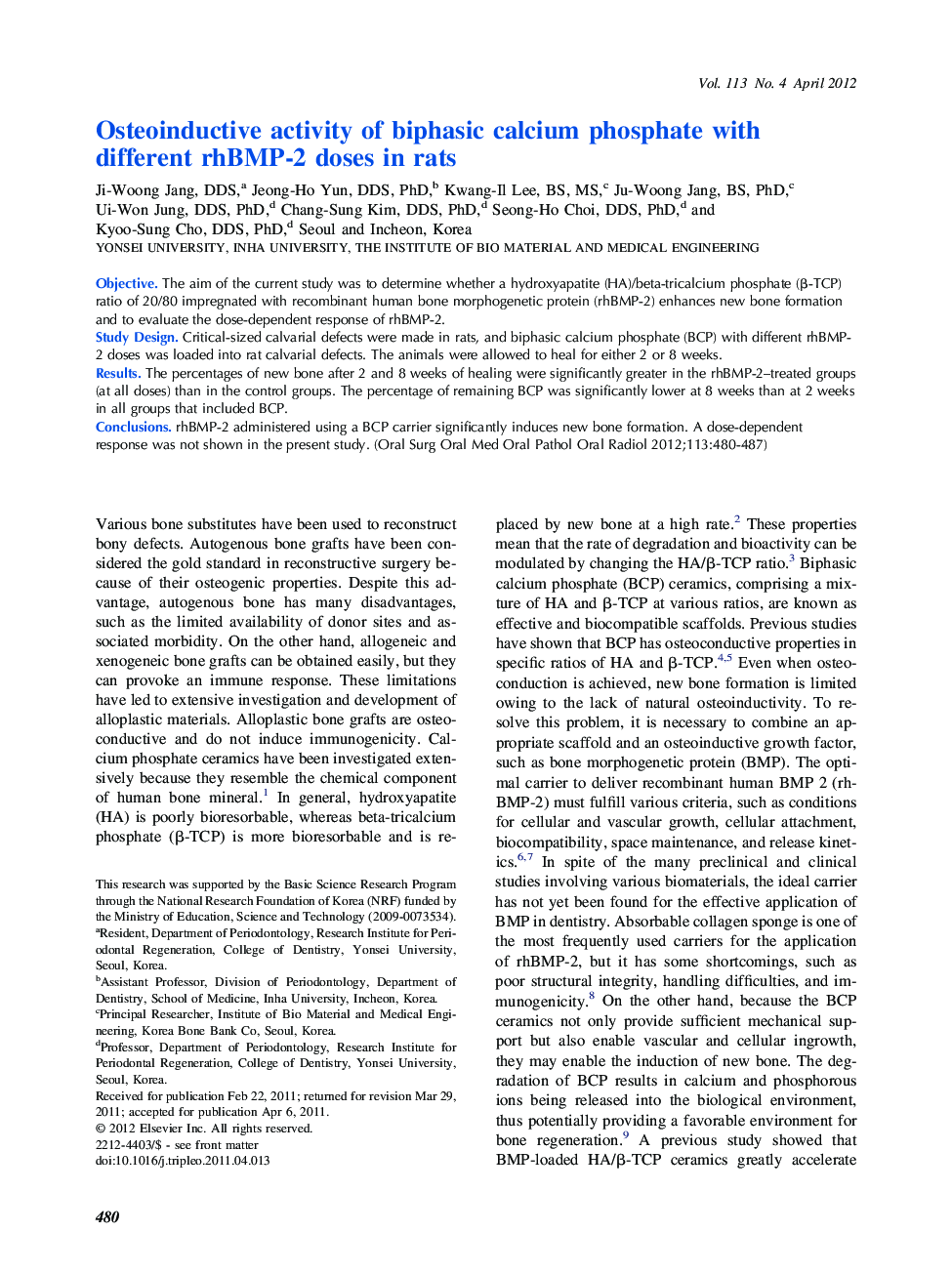 Oral and maxillofacial surgeryOsteoinductive activity of biphasic calcium phosphate with different rhBMP-2 doses in rats