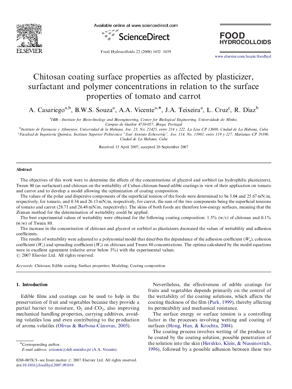 Chitosan coating surface properties as affected by plasticizer, surfactant and polymer concentrations in relation to the surface properties of tomato and carrot