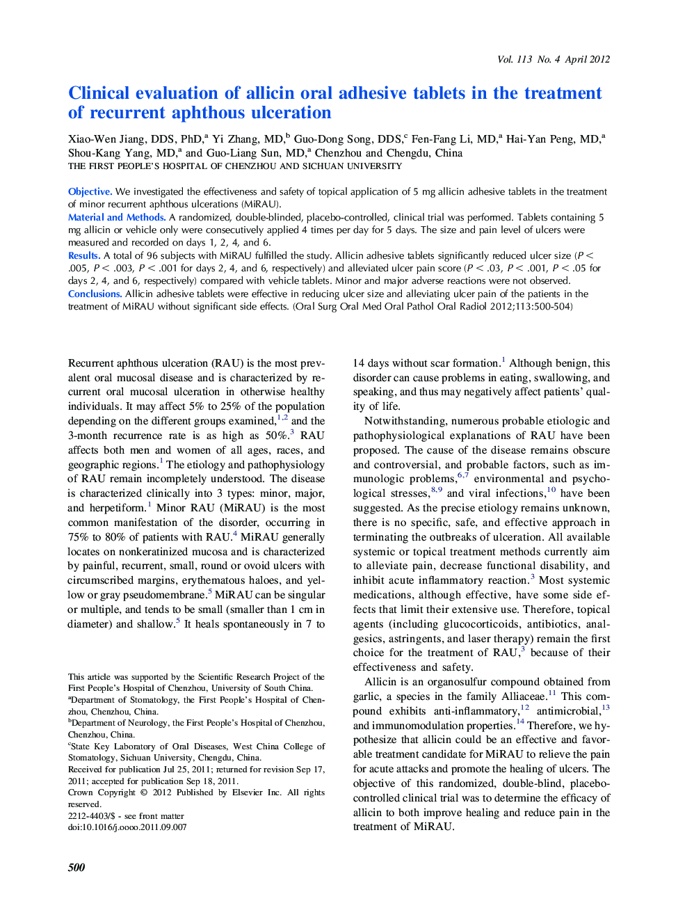 Clinical evaluation of allicin oral adhesive tablets in the treatment of recurrent aphthous ulceration