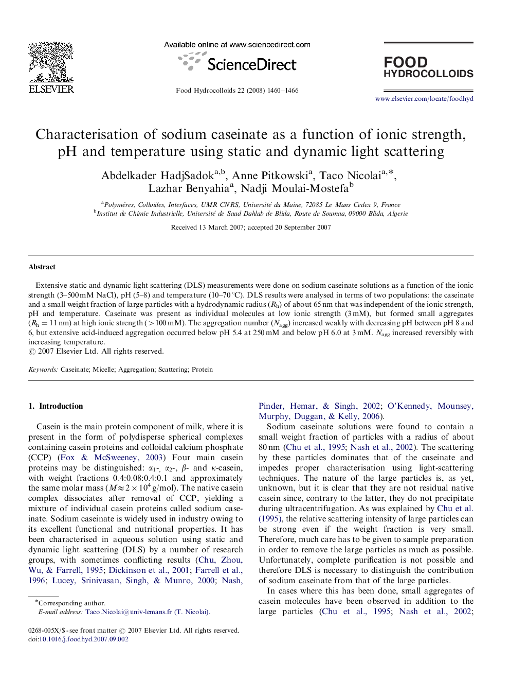 Characterisation of sodium caseinate as a function of ionic strength, pH and temperature using static and dynamic light scattering