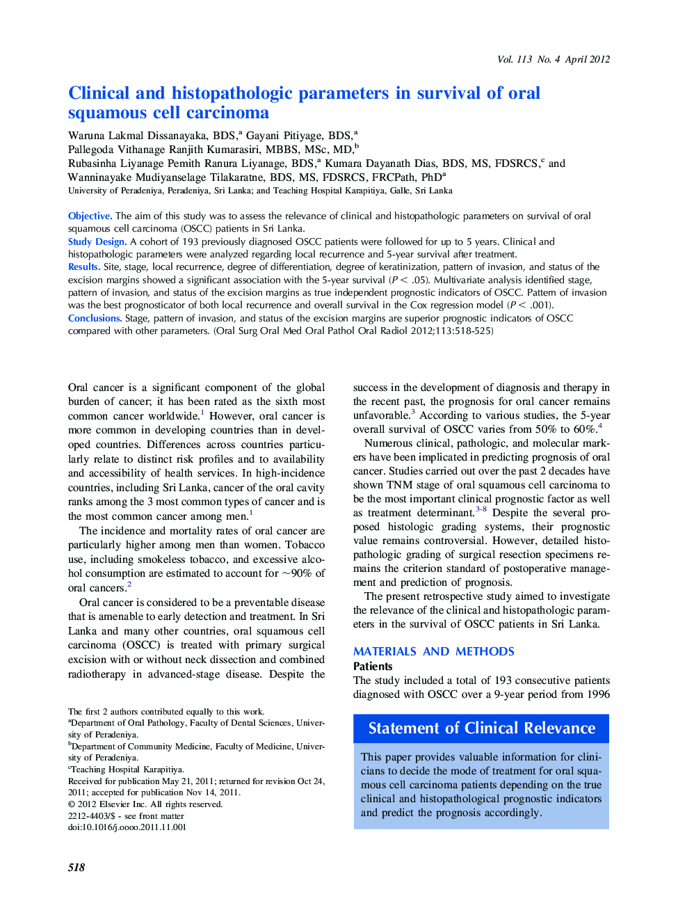 Clinical and histopathologic parameters in survival of oral squamous cell carcinoma