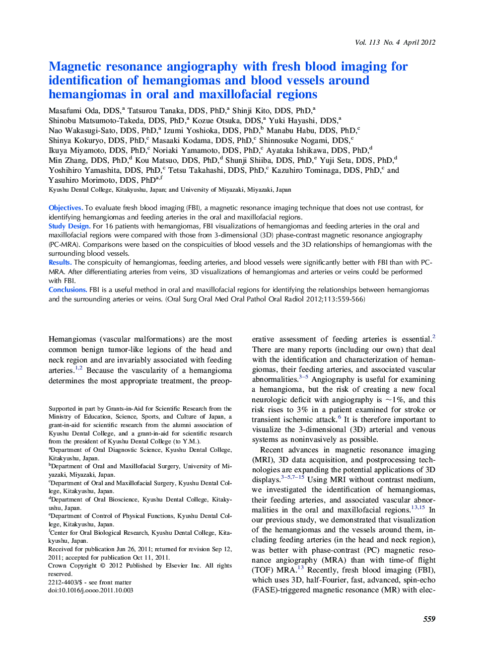Magnetic resonance angiography with fresh blood imaging for identification of hemangiomas and blood vessels around hemangiomas in oral and maxillofacial regions