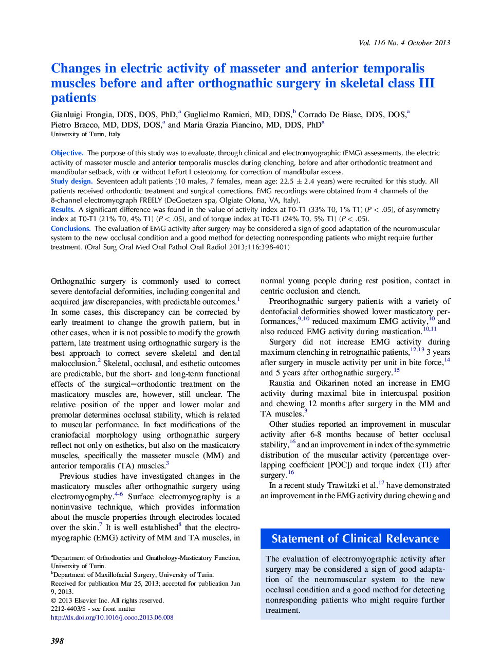 Changes in electric activity of masseter and anterior temporalis muscles before and after orthognathic surgery in skeletal class III patients