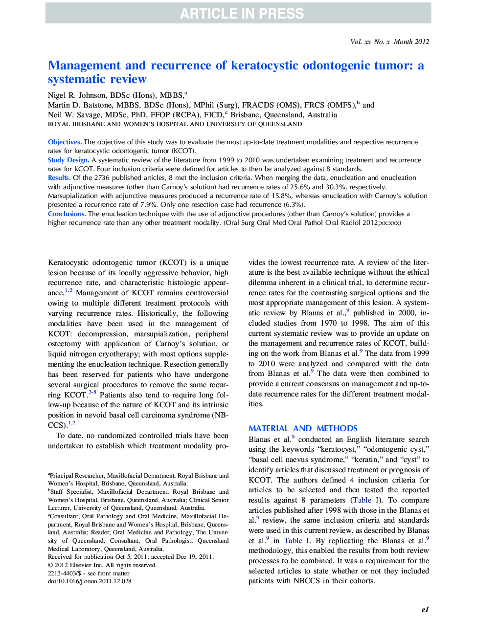 Management and recurrence of keratocystic odontogenic tumor: a systematic review