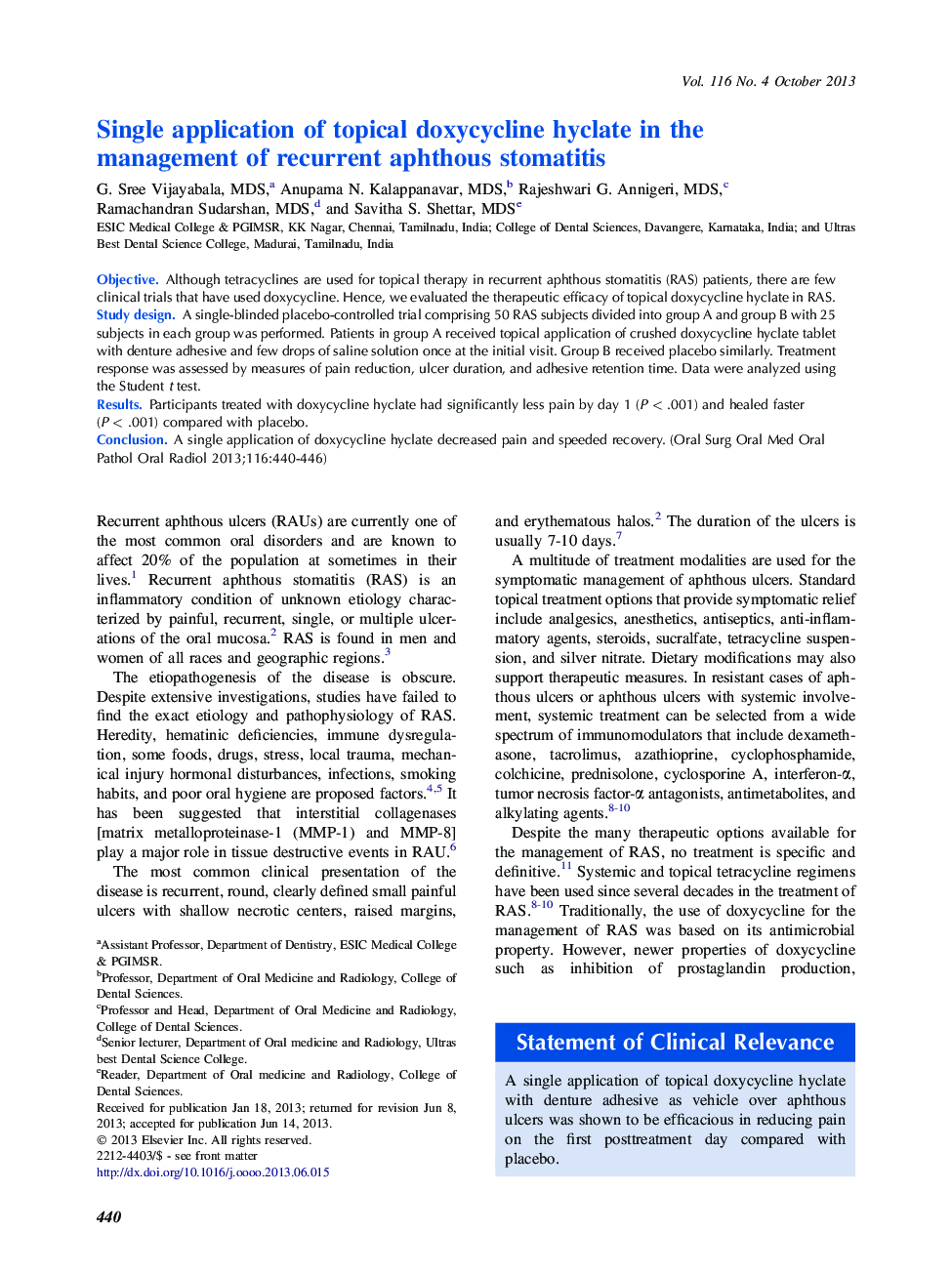 Single application of topical doxycycline hyclate in the management of recurrent aphthous stomatitis