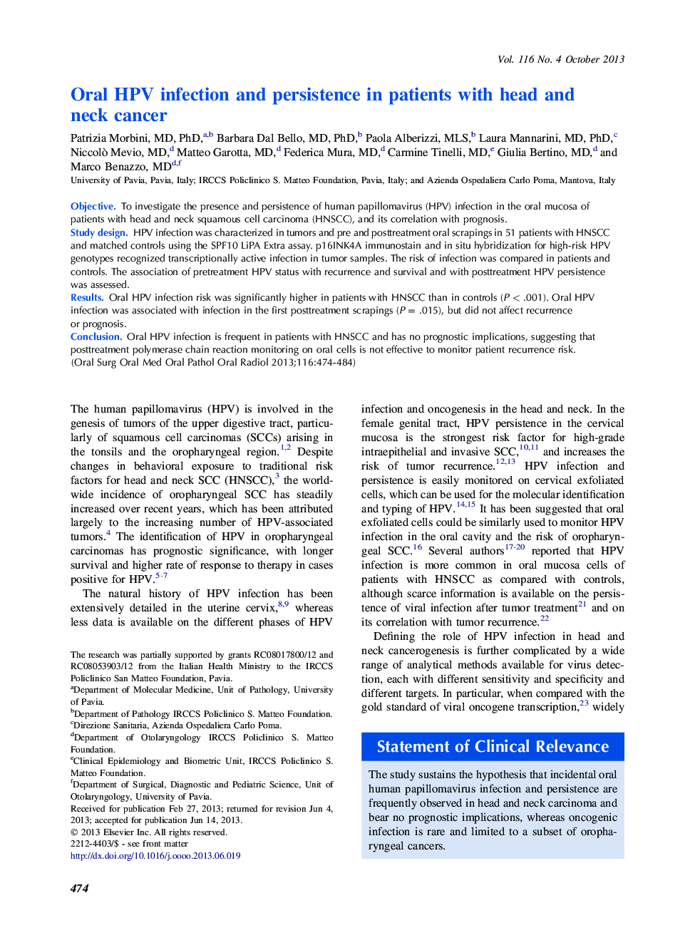 Oral HPV infection and persistence in patients with head and neckÂ cancer