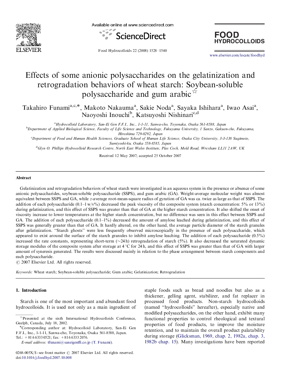 Effects of some anionic polysaccharides on the gelatinization and retrogradation behaviors of wheat starch: Soybean-soluble polysaccharide and gum arabic 