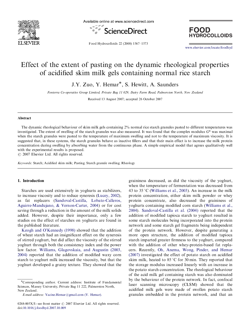 Effect of the extent of pasting on the dynamic rheological properties of acidified skim milk gels containing normal rice starch