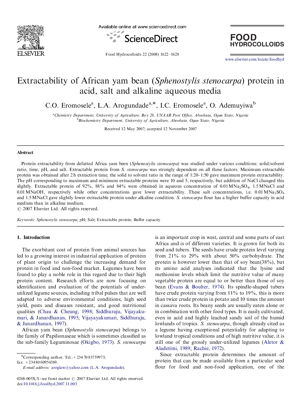 Extractability of African yam bean (Sphenostylis stenocarpa) protein in acid, salt and alkaline aqueous media