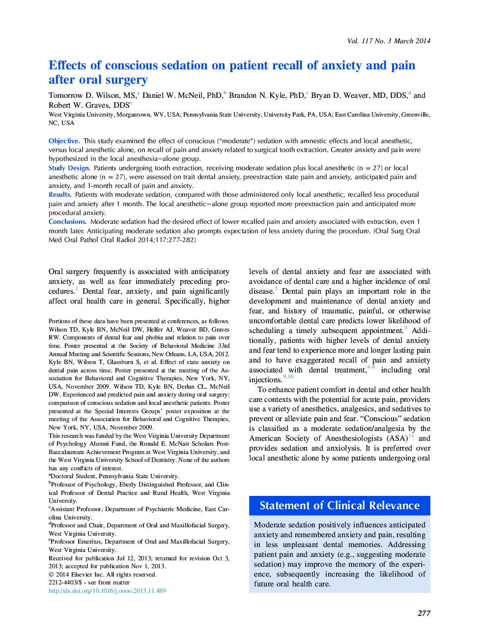 Effects of conscious sedation on patient recall of anxiety and pain after oral surgery