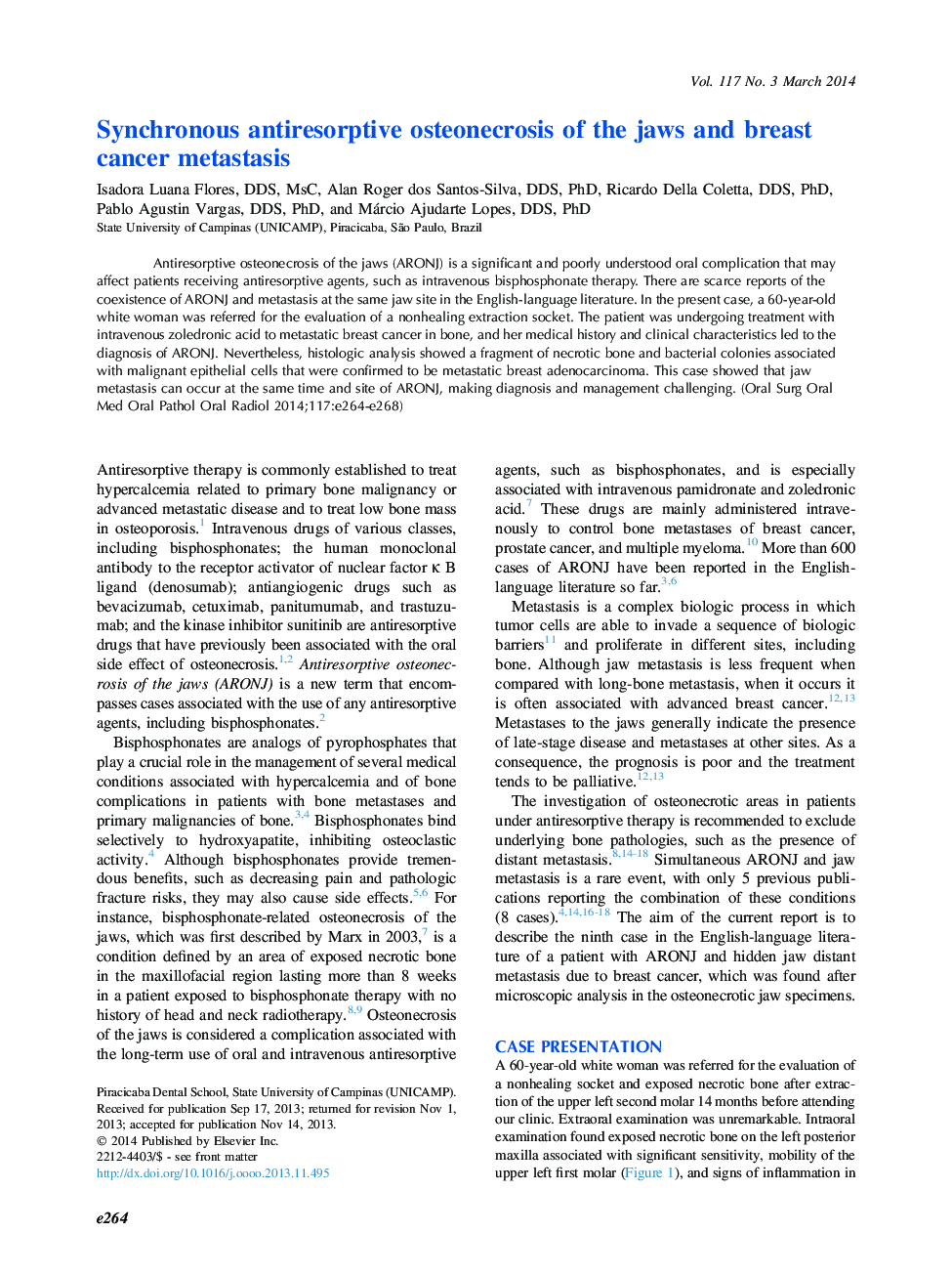 Synchronous antiresorptive osteonecrosis of the jaws and breast cancer metastasis