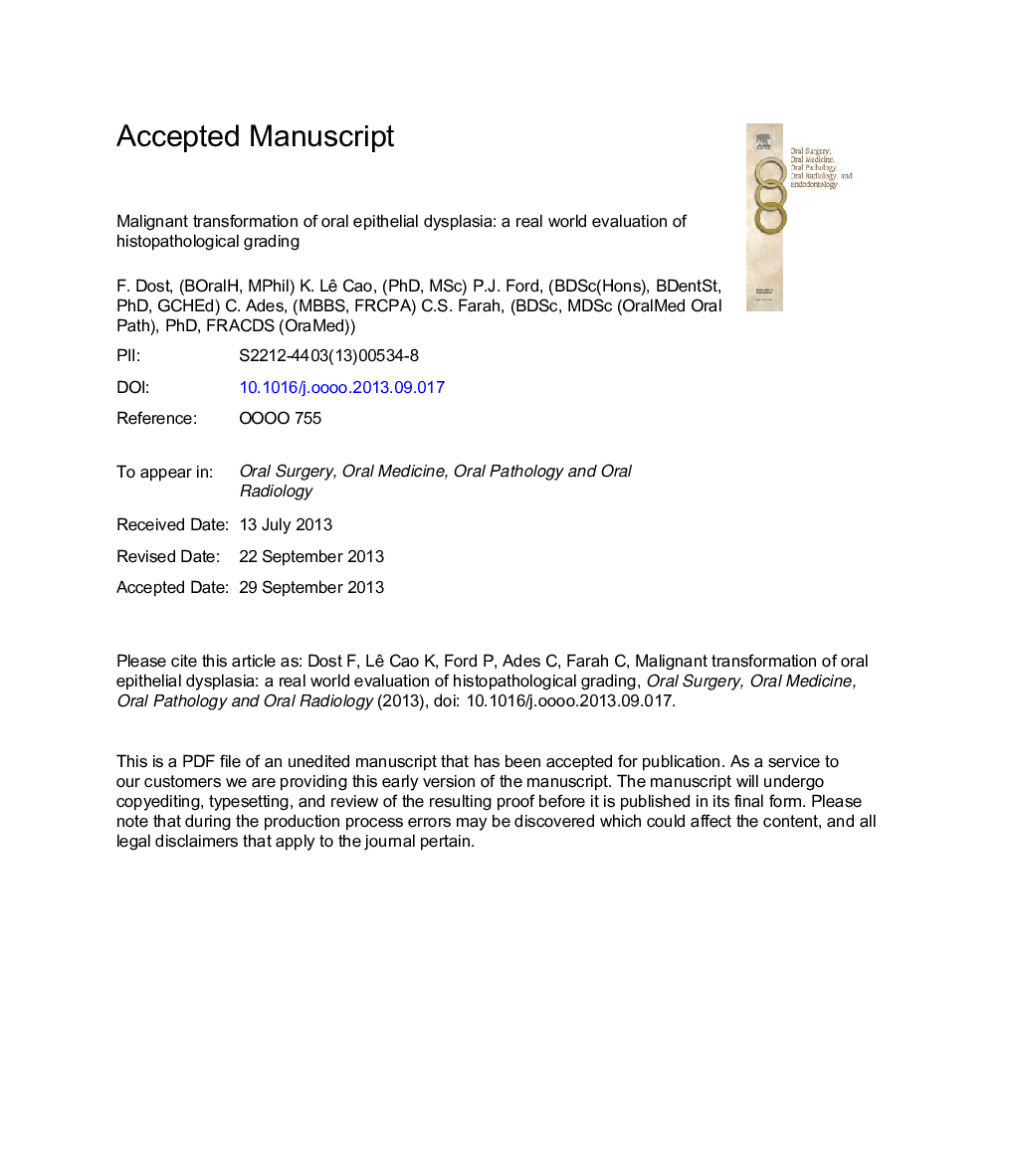 Malignant transformation of oral epithelial dysplasia: a real-world evaluation of histopathologic grading