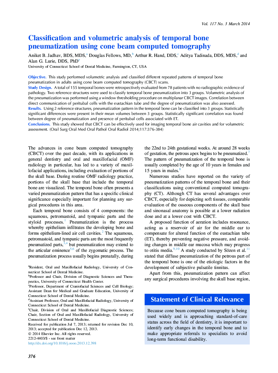 Oral and maxillofacial radiologyClassification and volumetric analysis of temporal bone pneumatization using cone beam computed tomography