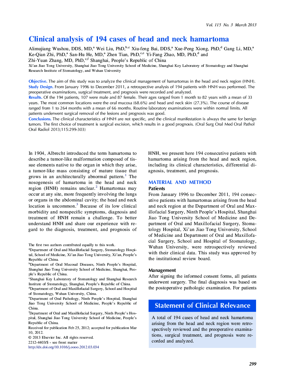 Clinical analysis of 194 cases of head and neck hamartoma