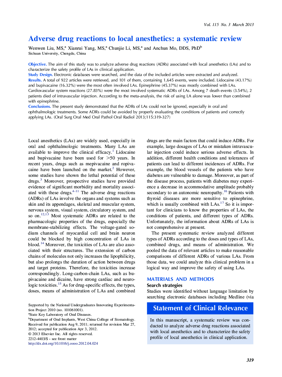 Adverse drug reactions to local anesthetics: a systematic review