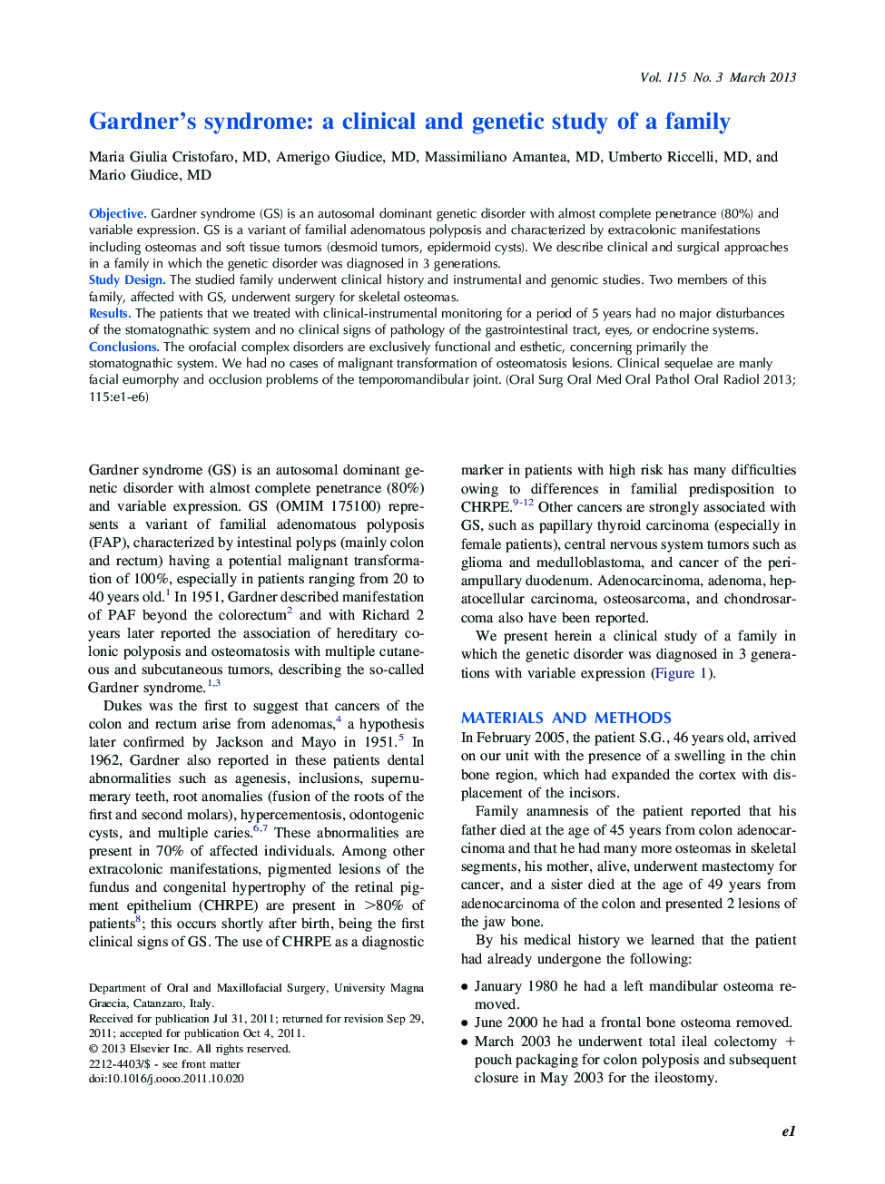 Oral and maxillofacial surgeryOnline only articleGardner's syndrome: a clinical and genetic study of a family