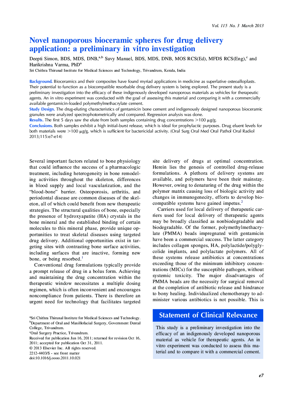 Oral and maxillofacial surgeryOnline only articleNovel nanoporous bioceramic spheres for drug delivery application: a preliminary in vitro investigation