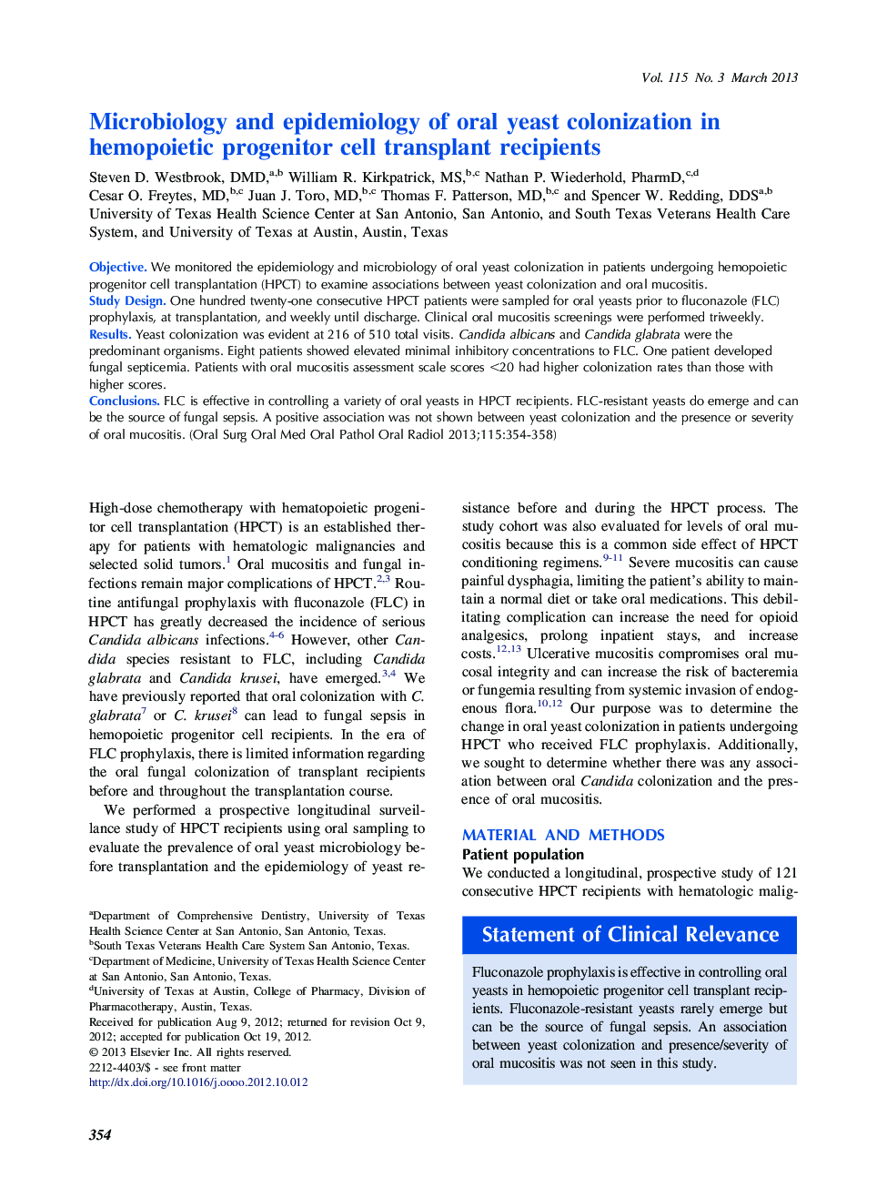 Microbiology and epidemiology of oral yeast colonization in hemopoietic progenitor cell transplant recipients