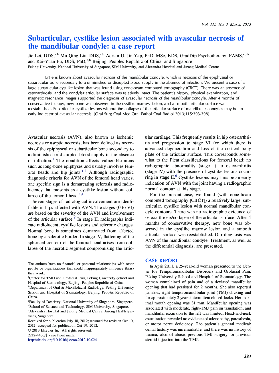 Subarticular, cystlike lesion associated with avascular necrosis of the mandibular condyle: a case report