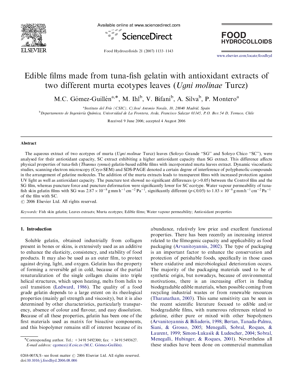 Edible films made from tuna-fish gelatin with antioxidant extracts of two different murta ecotypes leaves (Ugni molinae Turcz)