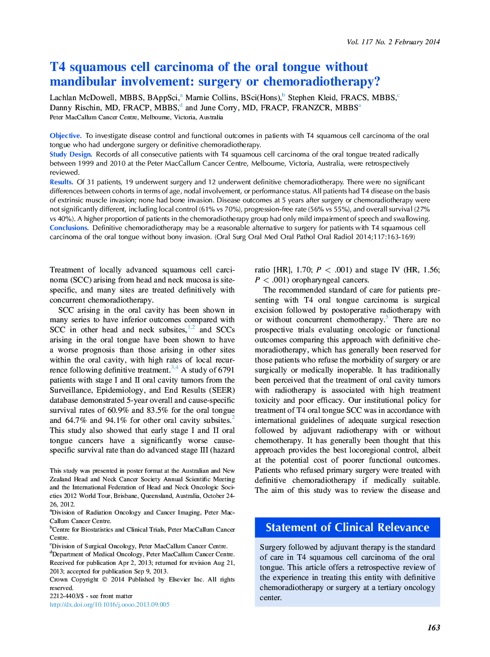 T4 squamous cell carcinoma of the oral tongue without mandibular involvement: surgery or chemoradiotherapy?